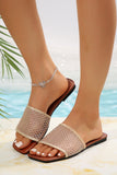 Beige Rhinestone Mesh Square Toe Flat Slippers