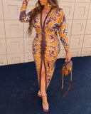 Vintage Floral Print Plunge V Neck Waist Ruched Dress Casual Slit Bodycon Midi Dress