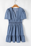 Ashleigh Blue Ruffled V Neck Smocked High Waist Denim Mini Dress