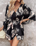 Leaf Print Button Front Drawstring Casual Dress