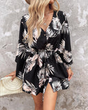 Leaf Print Button Front Drawstring Casual Dress