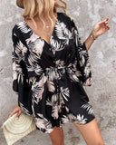 Leaf Print Button Front Drawstring Casual Dress