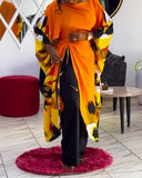 Abstract Print Boat Neck Batwing Sleeve Asymmetrical Slit Dress