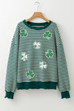 Green Stripe Sequined Clover Drop Shoulder Long Sleeve Casual Top