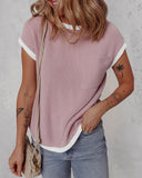 Colorblock Round Neck Short Sleeve Ribbed T Shirt Casual Loose Fit Kni Top