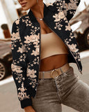 Floral Pattern Baseball Collar Long Sleeve Coat Contrast Sequin Zip Up Jacket