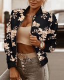 Floral Pattern Baseball Collar Long Sleeve Coat Contrast Sequin Zip Up Jacket