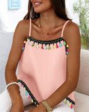 Square Neck Spaghetti Strap Colorful Tassel Decor Tank Casual Loose Fit Top