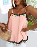 Square Neck Spaghetti Strap Colorful Tassel Decor Tank Casual Loose Fit Top