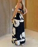 Floral Print V Neck Adjustabble Spaghetti Strap Maxi Dress Casual Button Front Slit A Line Dress