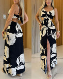 Floral Print V Neck Adjustabble Spaghetti Strap Maxi Dress Casual Button Front Slit A Line Dress