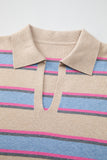 Apricot Stripe Collared V Neck Drop Shoulder Loose Sweater