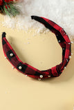 Red Dahlia Pearl Decor Christmas Plaid Knotted Headband