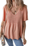 Fushia Smocked Front V Neck Pleated Babydoll Short Sleeve Top