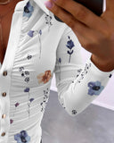 Floral Print Turn down Collar Long Sleeve Metal Button Front Blouse Ruched Slim Fit Top