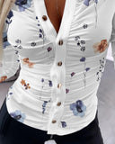 Floral Print Turn down Collar Long Sleeve Metal Button Front Blouse Ruched Slim Fit Top