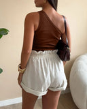 One Shoulder Goldren Decor Casual Slim Fit Ribbed Top