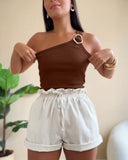 One Shoulder Goldren Decor Casual Slim Fit Ribbed Top