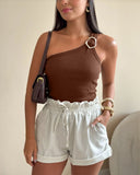 One Shoulder Goldren Decor Casual Slim Fit Ribbed Top