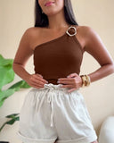 One Shoulder Goldren Decor Casual Slim Fit Ribbed Top