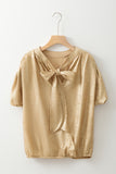 Gold Solid Color Metallic Ruched Sleeve Back Knot Blouse