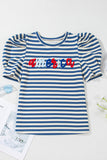 Blue Stripe America Cursive Graphic Puff Sleeve T-shirt