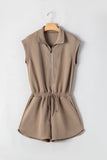 Dark Khaki Textured Short Sleeve Half Zip Drawstring Waist Romper