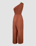One Shoulder Ruched Zipper Side Slim Fit Jumpsuit High Slit Wrap Wide Leg Jumpsuit