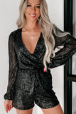 Black Sequined V Neck Wrapped Long Sleeve Romper