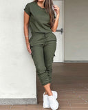 Round Neck Top & Drawstring Cuffed Pants Set