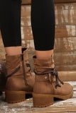 Chestnut Suede Woven Lace-up Strap Side Zip Boots