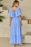 Sky Blue Textured V Neck Flutter Sleeve Ruffled Maxi Dress