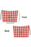 Fiery Red Cherry Plaid Print Wristlet Zipper Canvas Makeup Bag