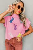 Pink Sequin Bunny Doll Graphic Ribbed High Neck Short Sleeve Sweater
