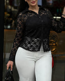 Turn down Collar Button Front Pocket Design Floral Lace Shirt Casual Lightweight Breathable Sheer Top
