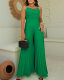 Pleated V Neck Spaghetti Strap Waist Jumpsuit Casual Wide Leg Flared Romper