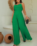 Pleated V Neck Spaghetti Strap Waist Jumpsuit Casual Wide Leg Flared Romper
