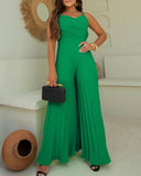 Pleated V Neck Spaghetti Strap Waist Jumpsuit Casual Wide Leg Flared Romper