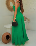 Pleated V Neck Spaghetti Strap Waist Jumpsuit Casual Wide Leg Flared Romper