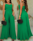 Pleated V Neck Spaghetti Strap Waist Jumpsuit Casual Wide Leg Flared Romper