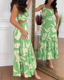 Abstract Print Spaghetti Strap Maxi Dress Casual Hollow Out Ruffles Hem Dress