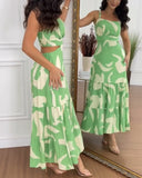 Abstract Print Spaghetti Strap Maxi Dress Casual Hollow Out Ruffles Hem Dress