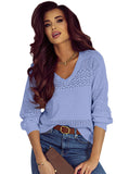 Sky Blue Eyelet Pattern Detail V Neck Drop Shoulder Sweater