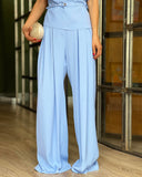 2 Pieces Outfit Cold Shoulder Short Sleeve Brooch Pin Decor Top and Casual High Waist Wide Leg Pants Set
