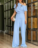 2 Pieces Outfit Cold Shoulder Short Sleeve Brooch Pin Decor Top and Casual High Waist Wide Leg Pants Set