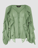 V Neck Shoulder Asymmetrical Ruffles Blouse Casual Button Front Long Sleeve Top