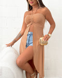 Halter Bandeau Ruched Tank Casual Slit Sleeveless Long Top