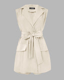 Notched Collar Sleeveless Tied Detail Button Romper