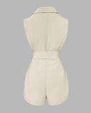 Notched Collar Sleeveless Tied Detail Button Romper
