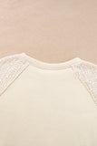 Parchment Eyelet Knit Patchwork Raglan Sleeve Pullover Top